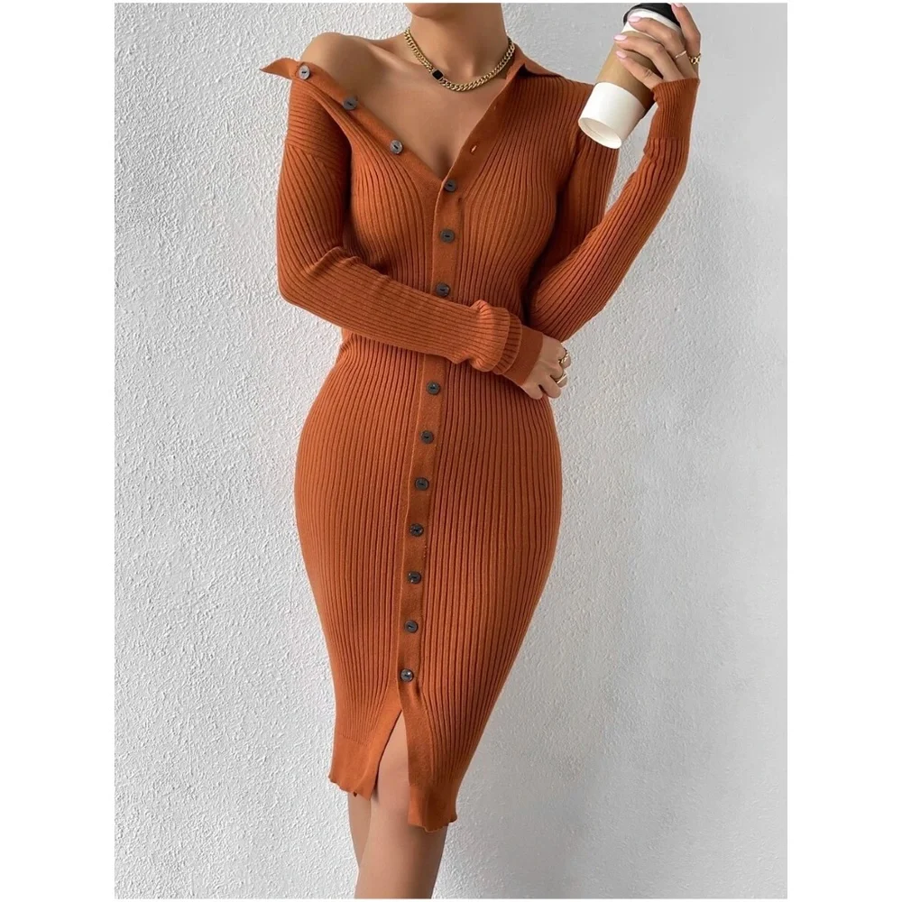 Cozy Button up Knit Fitted Sweater Dress - Picture 1 of 4
